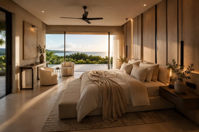 Modern luxury bedroom with panoramic water views, beige furnishings, ceiling fan, and floor-to-ceiling windows overlooking a scenic coastline