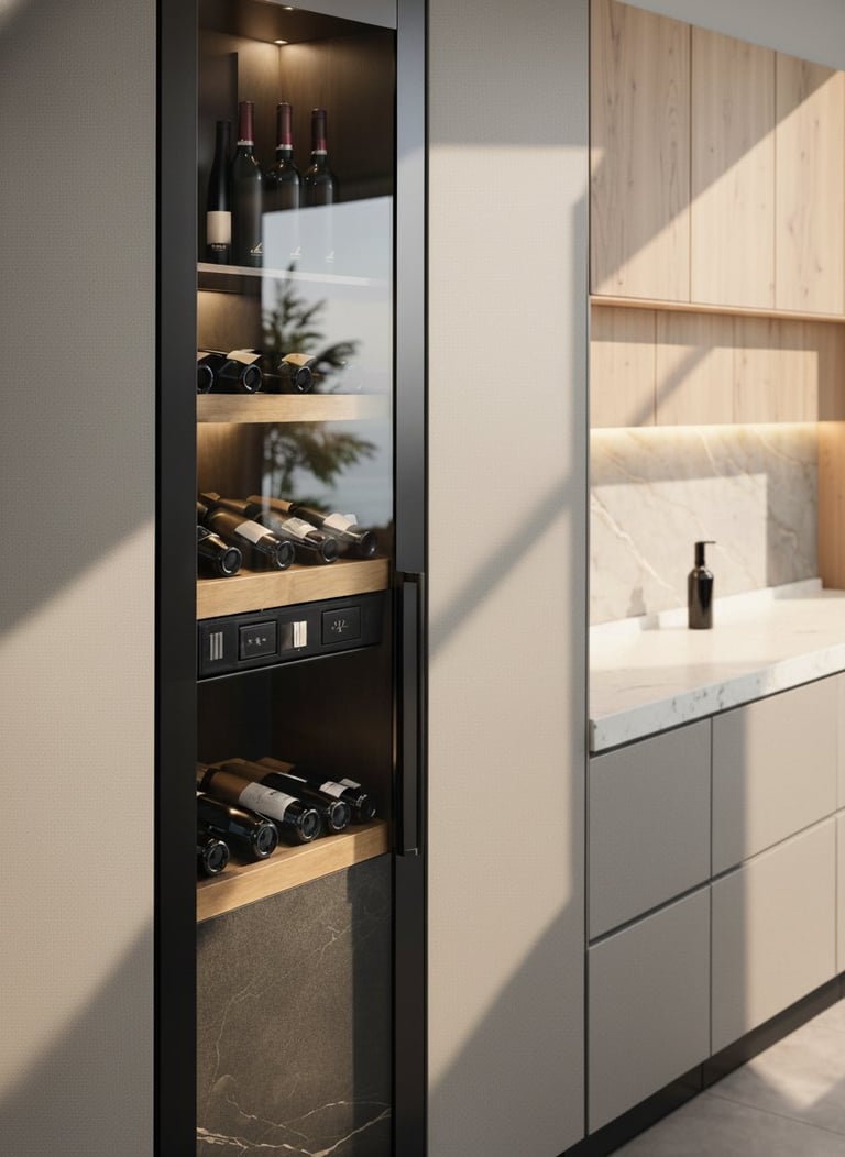 Modern wine cooler with glass doors displaying wine bottles, built-in with black frame and wooden shelves in contemporary kitchen