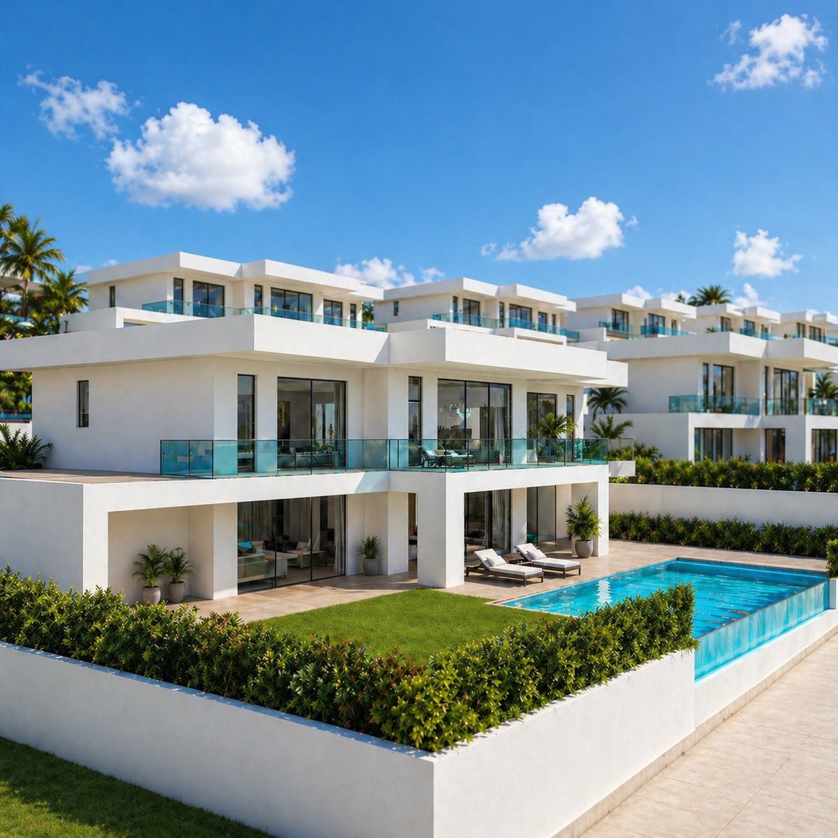 Modern white villa with pool, manicured lawn, and blue sky with palm trees visible in residential complex