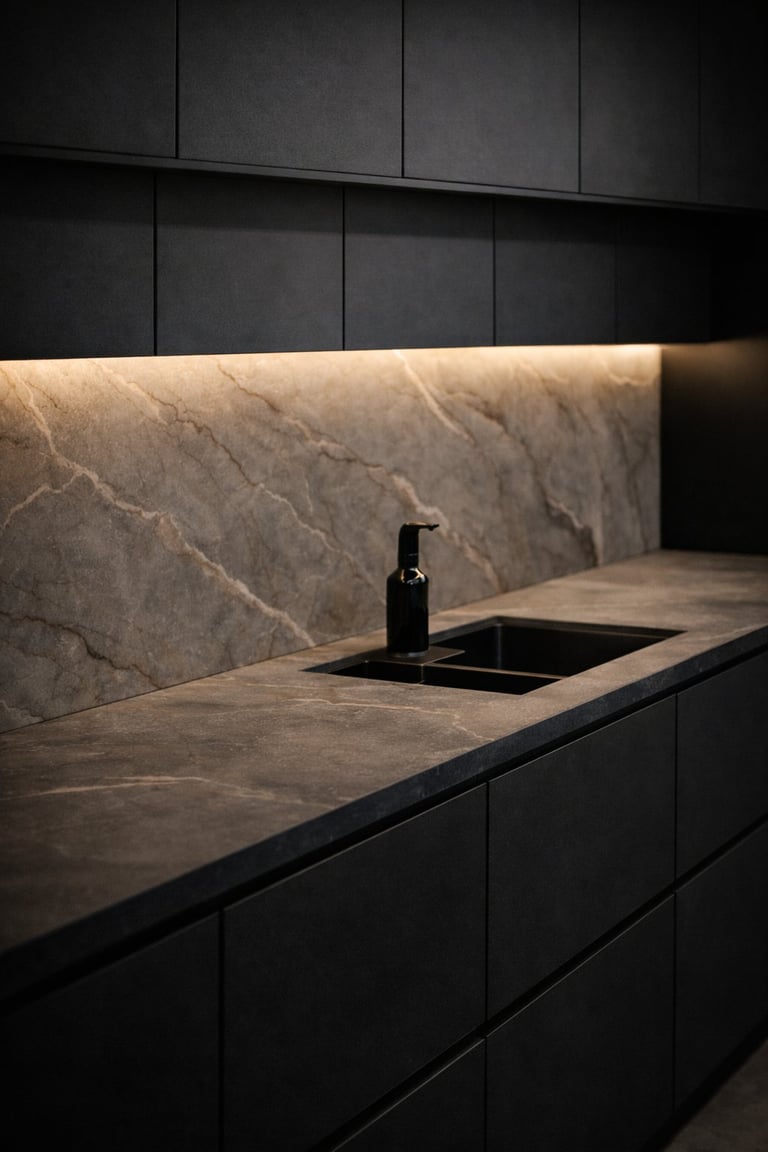 Modern minimalist kitchen with dark cabinetry, marble backsplash, and a black soap dispenser on the countertop
