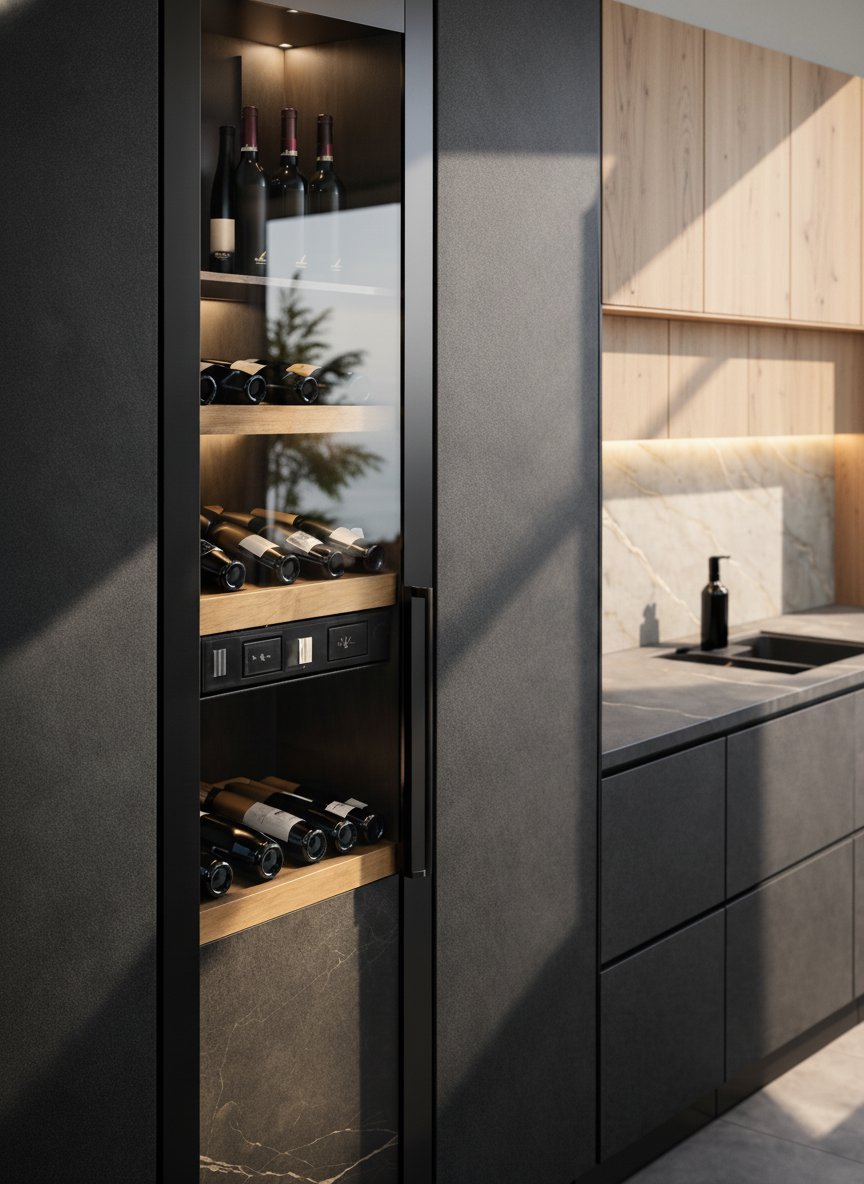 Modern kitchen with built-in black wine cabinet featuring glass doors, displaying wine bottles and accessories with warm LED lighting