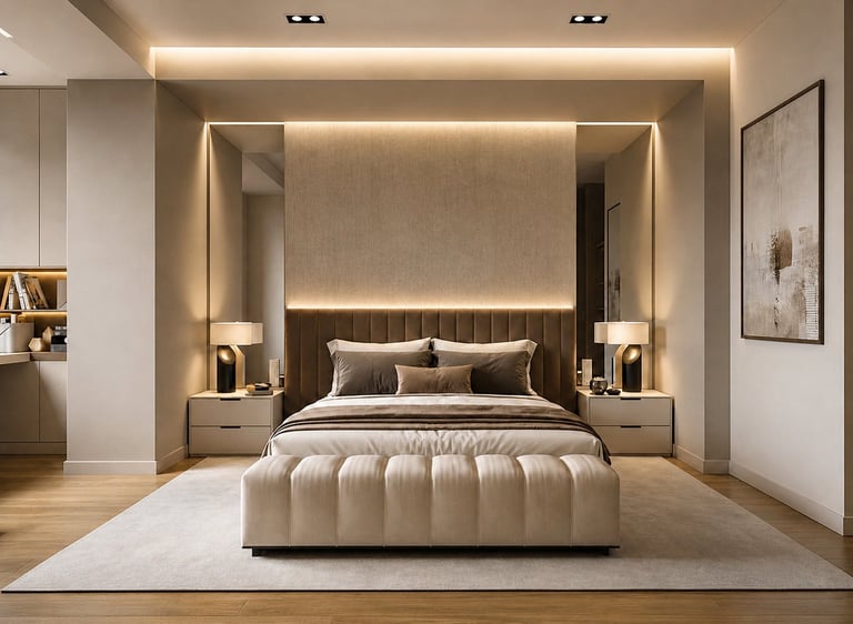 Modern luxury bedroom with canopy bed, warm lighting, beige tones, and minimalist decor