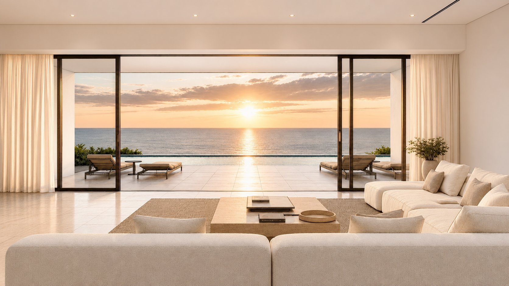 Modern luxury living room with beige furnishings overlooking ocean sunset through large floor-to-ceiling windows