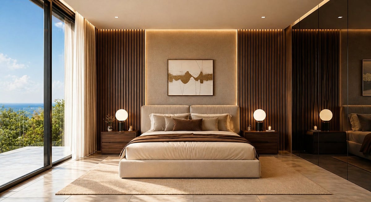 Modern luxury bedroom with platform bed, wood slat accent walls, pendant lights, and ocean view through floor-to-ceiling window