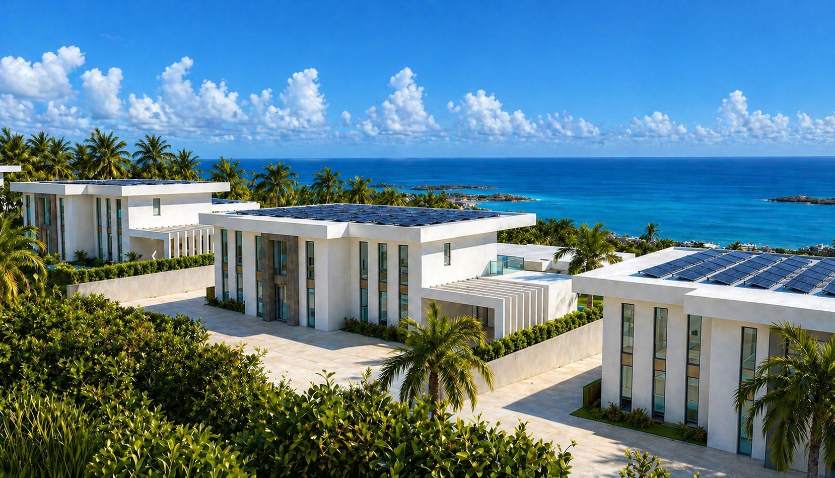 Modern white beachfront villa with pool overlooking turquoise ocean, palm trees, and blue sky with white clouds