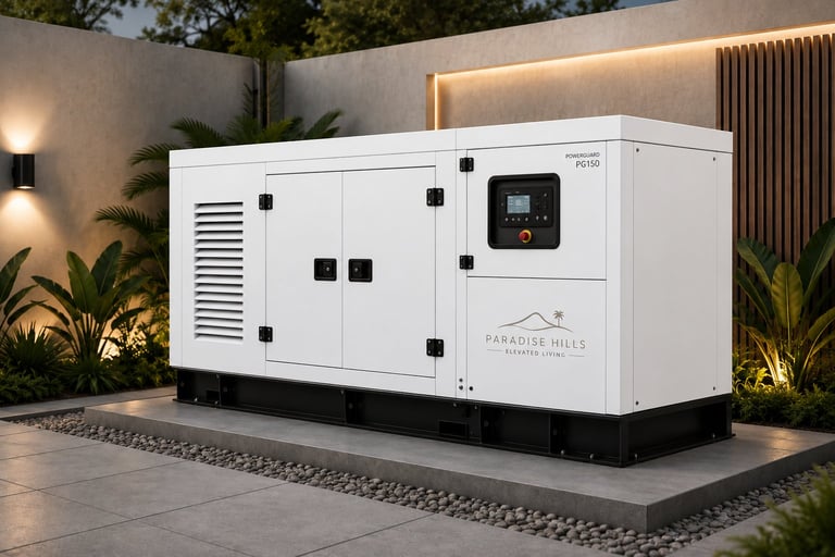 White diesel backup generator in a modern outdoor courtyard with illuminated walls and tropical plants