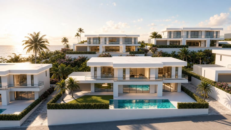 Modern white multi-level villa with infinity pool surrounded by palm trees overlooking coastal landscape at sunset