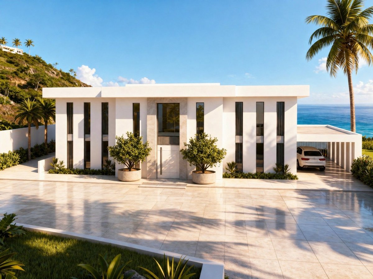 Modern white house with black striped facade, palm trees, and ocean view overlooking a coastal hillside