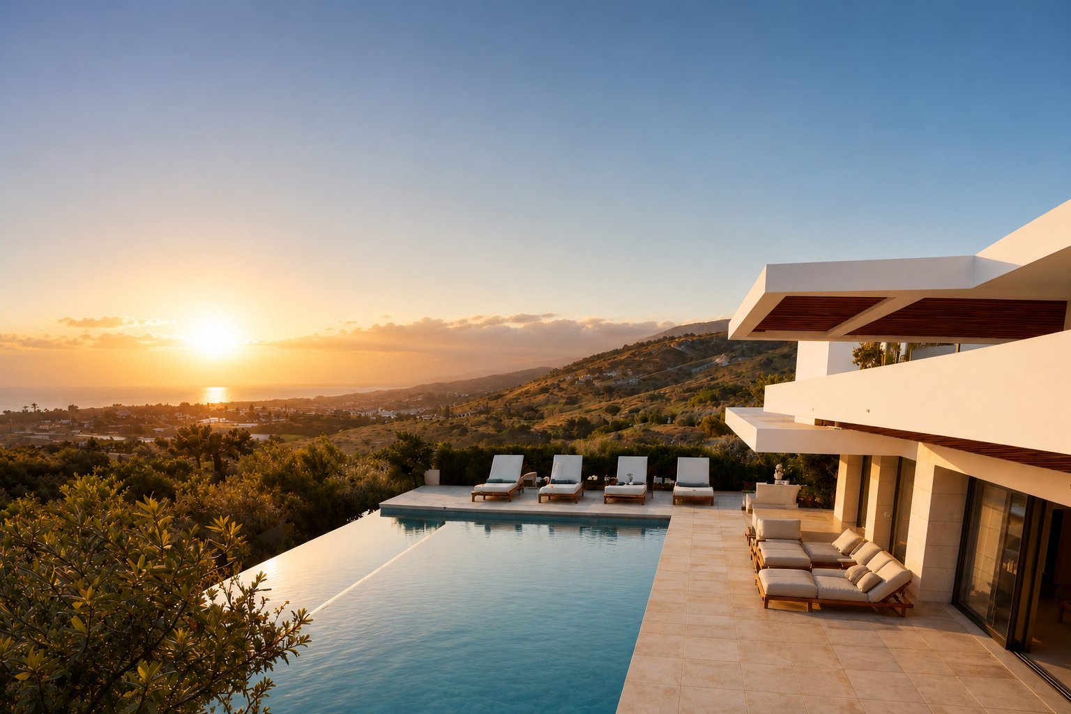Luxury hillside home with infinity pool at sunset, white lounge chairs, and panoramic valley views