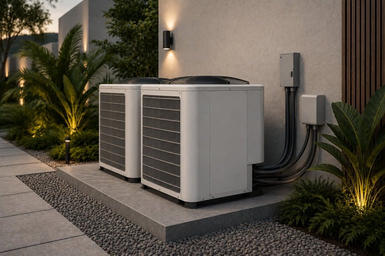 Two white heat pump units installed outside a modern home with landscaping and evening lighting, connected to the wall with black piping