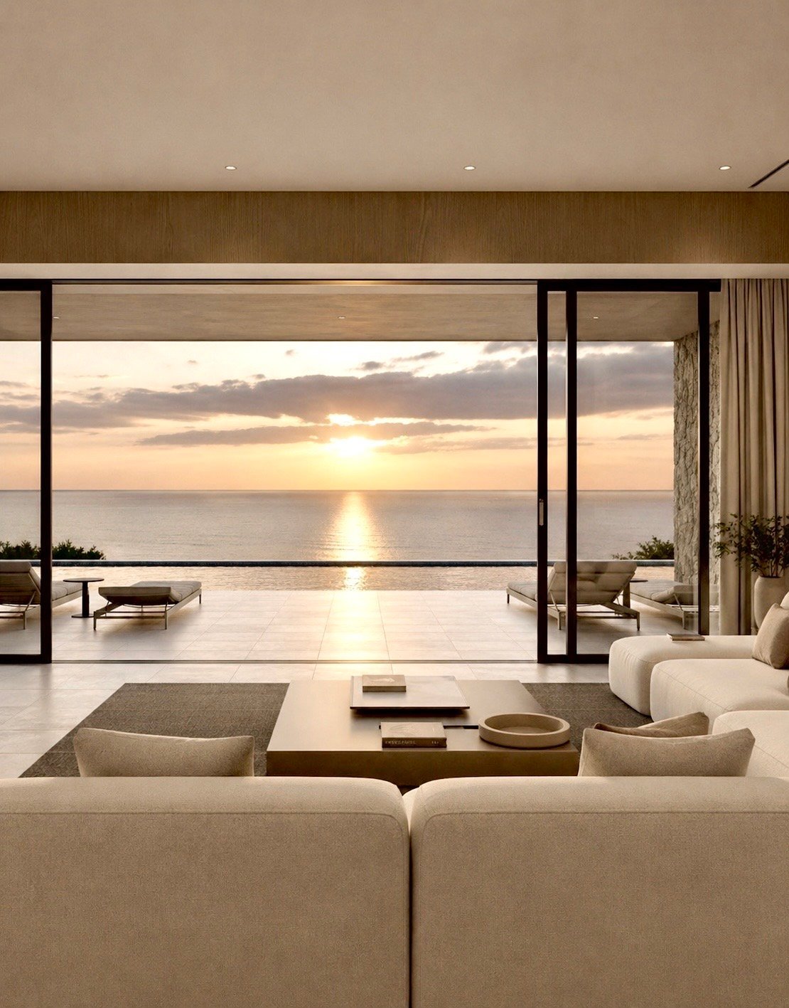 Modern luxury living room with beige furniture overlooking ocean sunset through floor-to-ceiling windows and glass doors