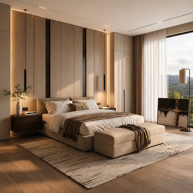 Modern luxury bedroom with cream platform bed, wood accent wall with ambient lighting, neutral furnishings, and mountain view