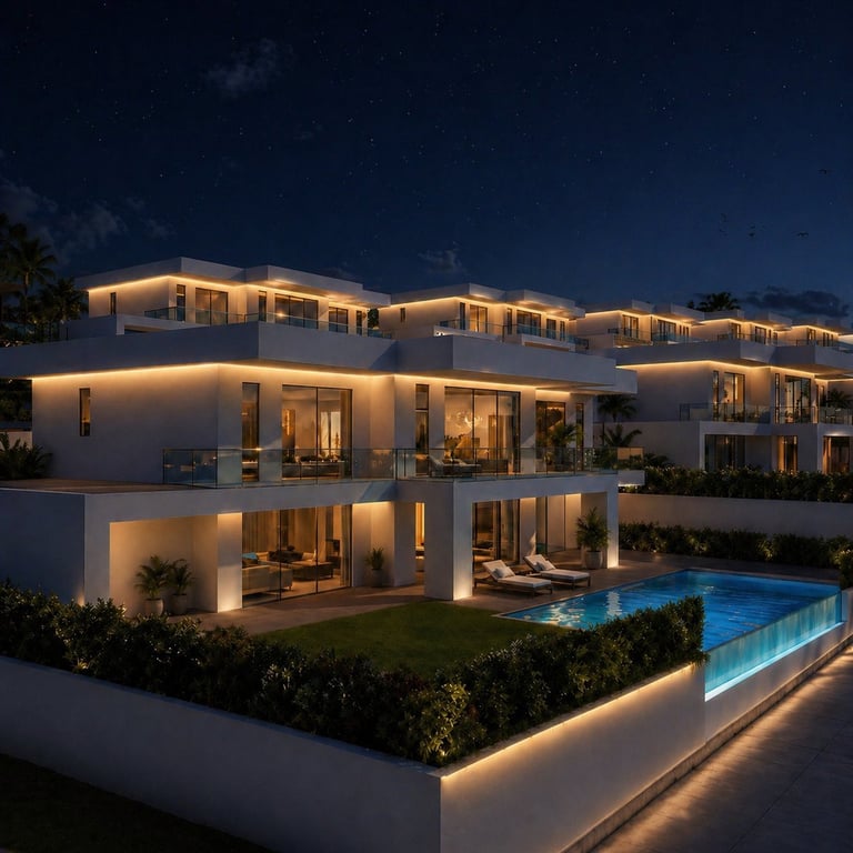 Modern white luxury home illuminated at night with pool, manicured hedges, and contemporary architecture