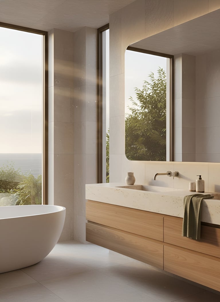 Modern minimalist bathroom with white soaking tub, wooden vanity, and floor-to-ceiling windows overlooking natural landscape