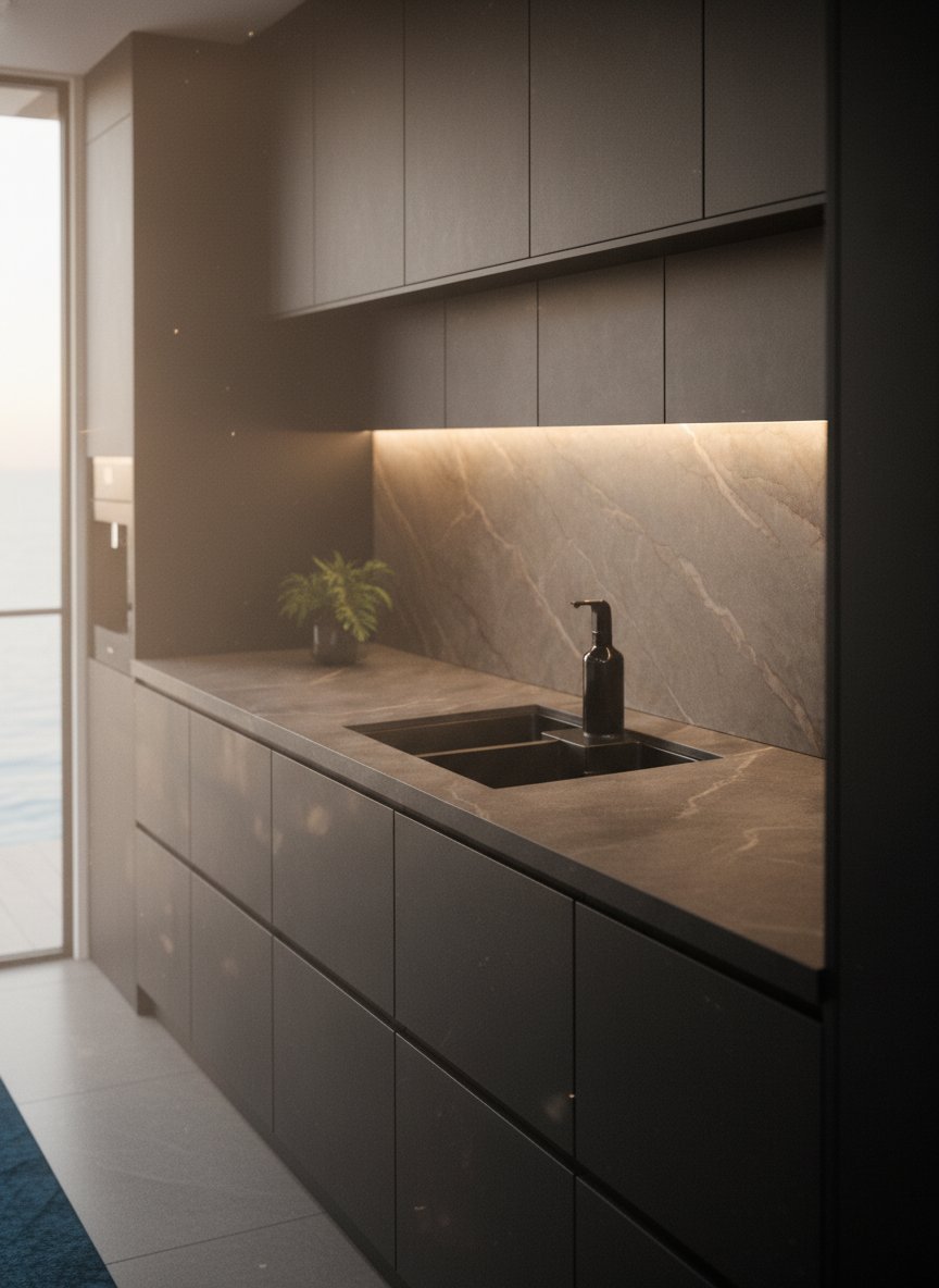 Modern minimalist kitchen with dark cabinetry, marble backsplash, integrated sink, and warm under-counter lighting
