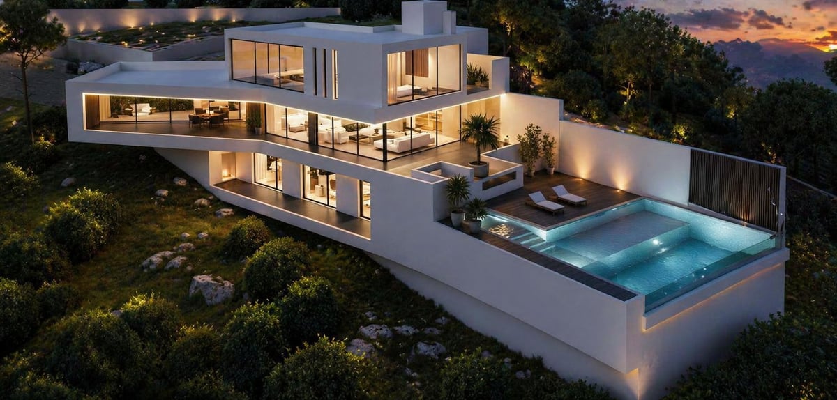 Modern white luxury home with illuminated interior, infinity pool, and spa at dusk surrounded by trees