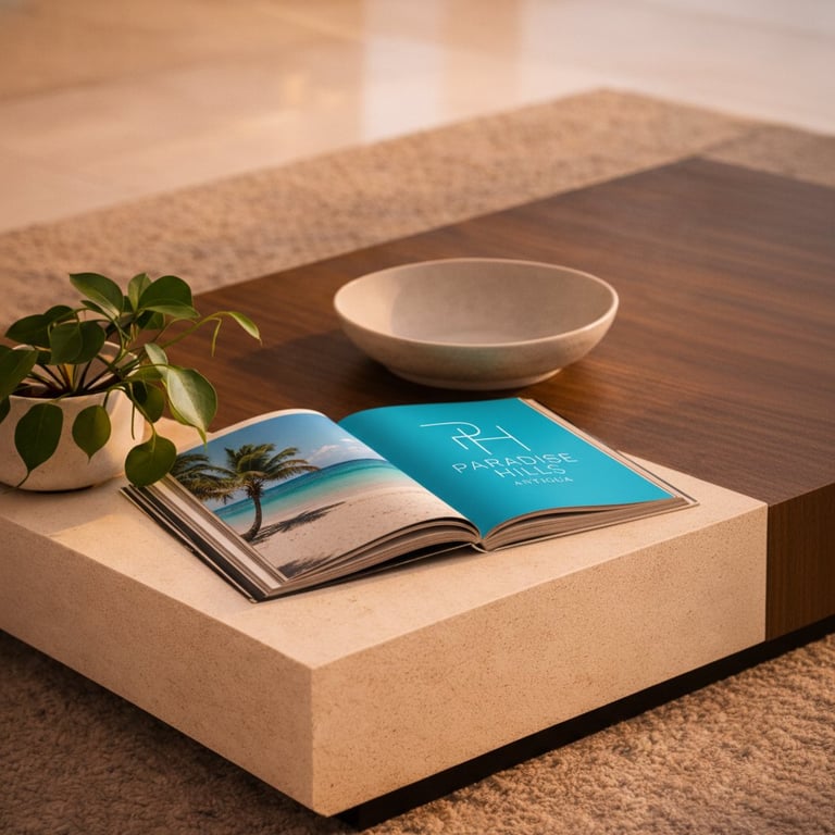 Minimalist coffee table with open magazine, blue book, white bowl, and potted plant on cork base
