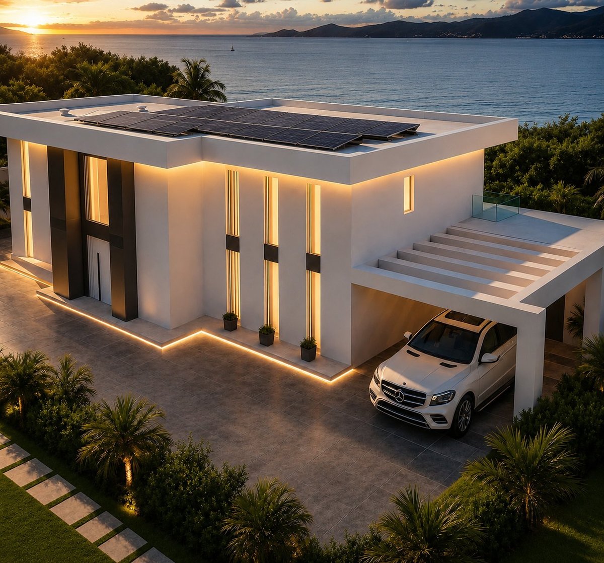 Modern white beachfront house with solar panels, carport, and sunset ocean view with mountains