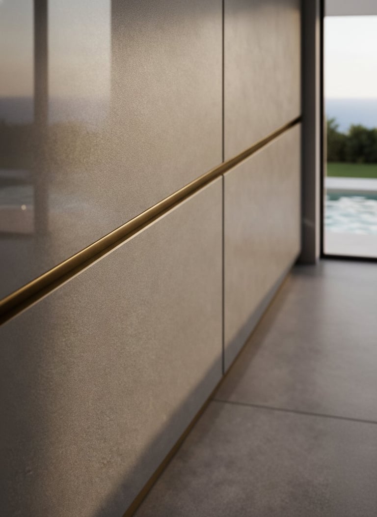 Modern interior hallway with a brass handrail along a textured beige wall, with pool and landscape visible through glass doors