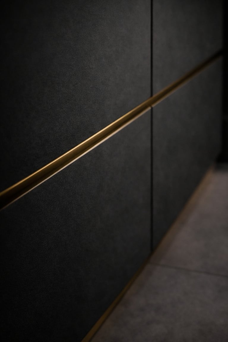 Gold metal handrail running diagonally across dark textured wall in modern interior