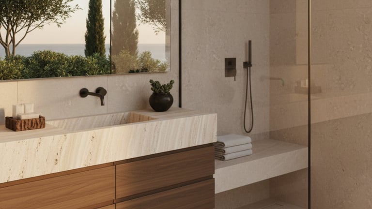 Modern bathroom with light wood vanity, integrated sink, black fixtures, walk-in shower with glass enclosure, and window with plant view