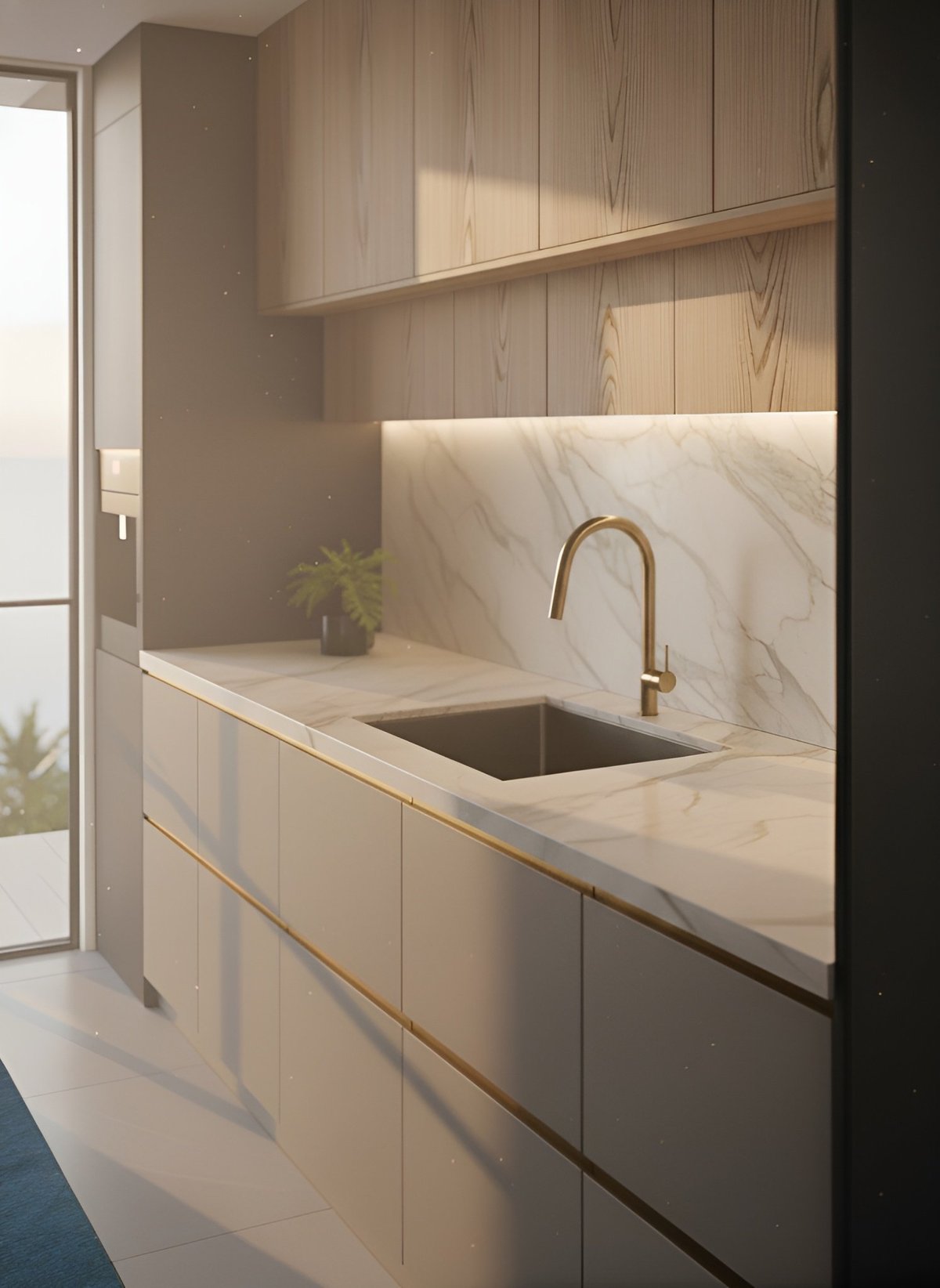 Modern minimalist kitchen with light wood cabinetry, marble countertop, brass faucet, and floating shelves above the sink
