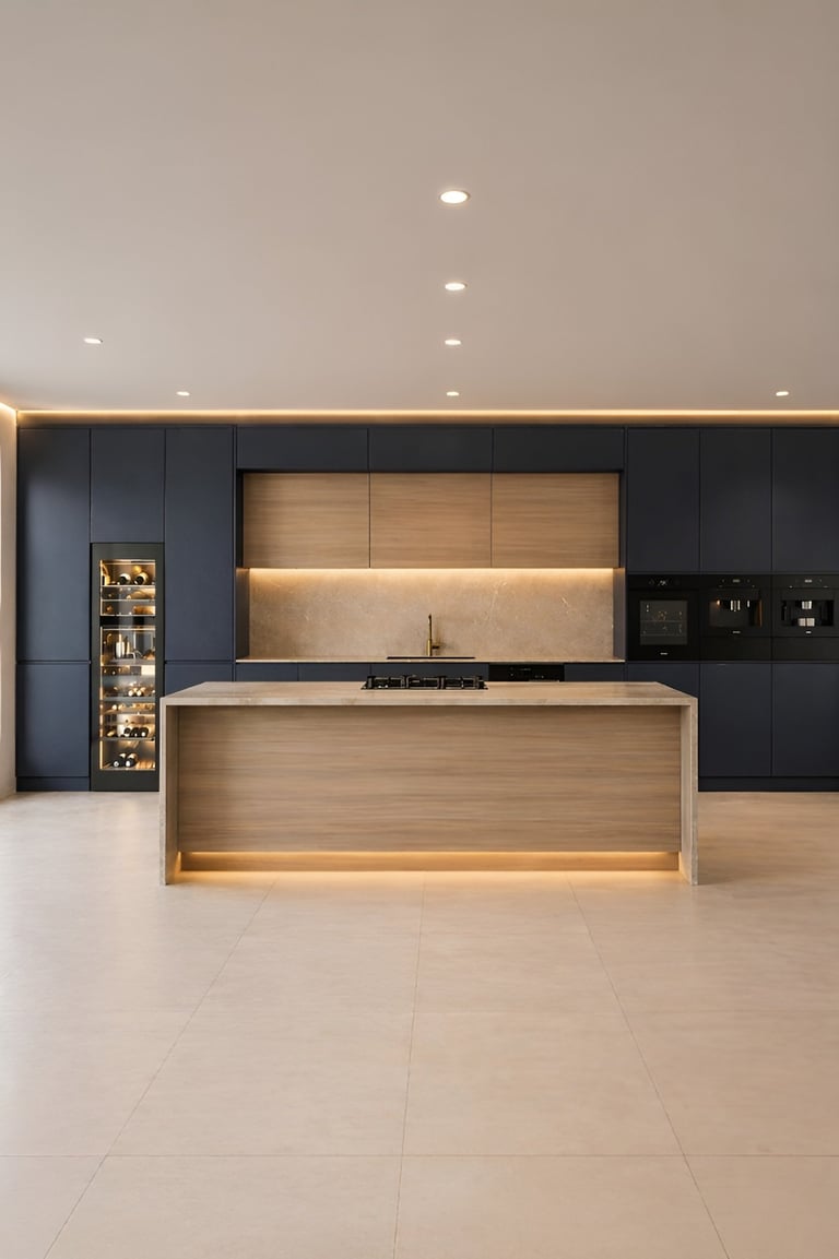 Modern minimalist kitchen with wooden island and countertops, black cabinetry, built-in appliances, and warm ambient lighting