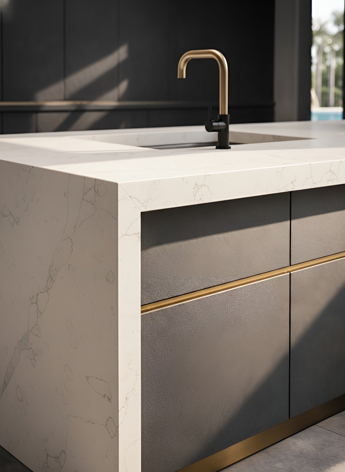 Modern kitchen island with white marble countertop, dark gray cabinetry with gold handles, and curved brass faucet