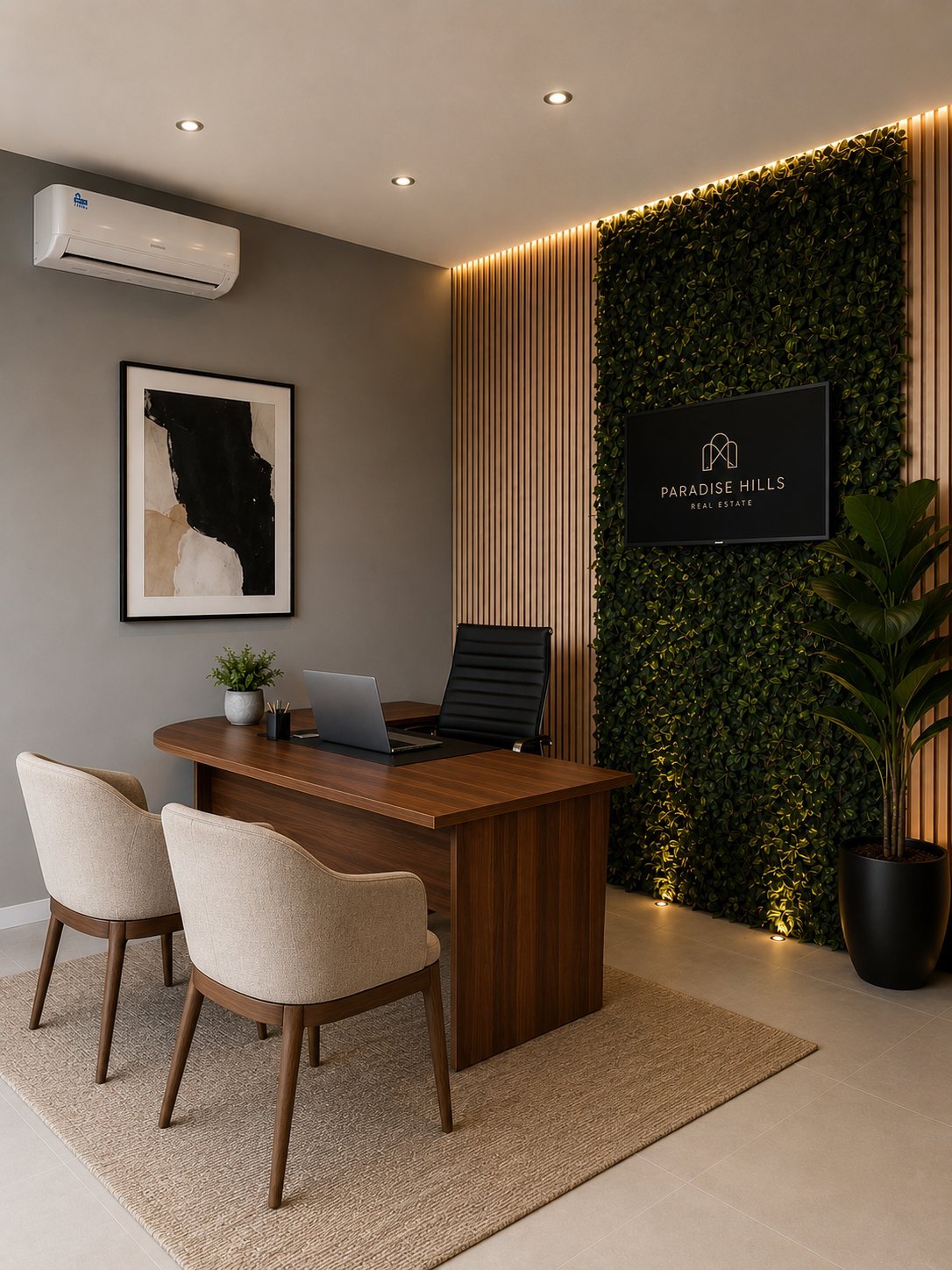 Modern office reception area with wooden desk, cream chairs, wall-mounted greenery backdrop, and framed abstract artwork