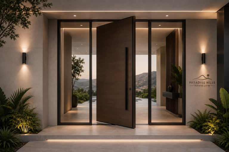 Modern luxury entryway with dark-framed glass doors, potted plants, warm lighting, and mountain views through the entrance