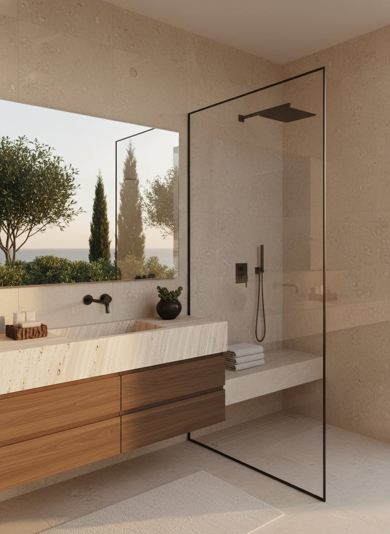 Modern minimalist bathroom with floating wooden vanity, wall-mounted faucet, frameless glass shower enclosure, and window view of cypress trees