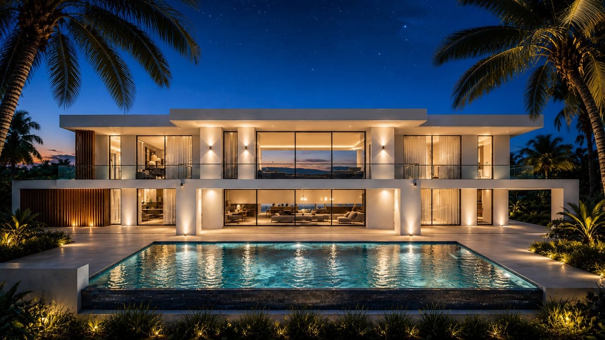 Modern luxury villa at night with illuminated swimming pool, palm trees, and expansive glass windows overlooking ocean views