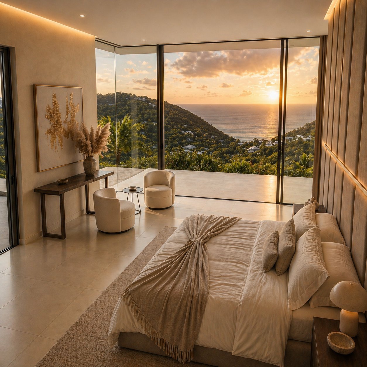 Modern bedroom with bed overlooking floor-to-ceiling windows framing a sunset ocean and mountain landscape view