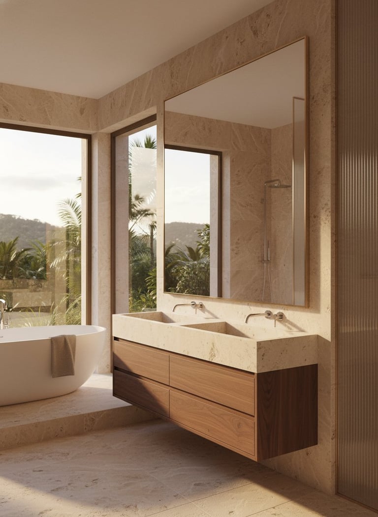 Modern luxury bathroom with floating wooden vanity, double sinks, large mirror, freestanding tub, and floor-to-ceiling windows overlooking tropical landscape