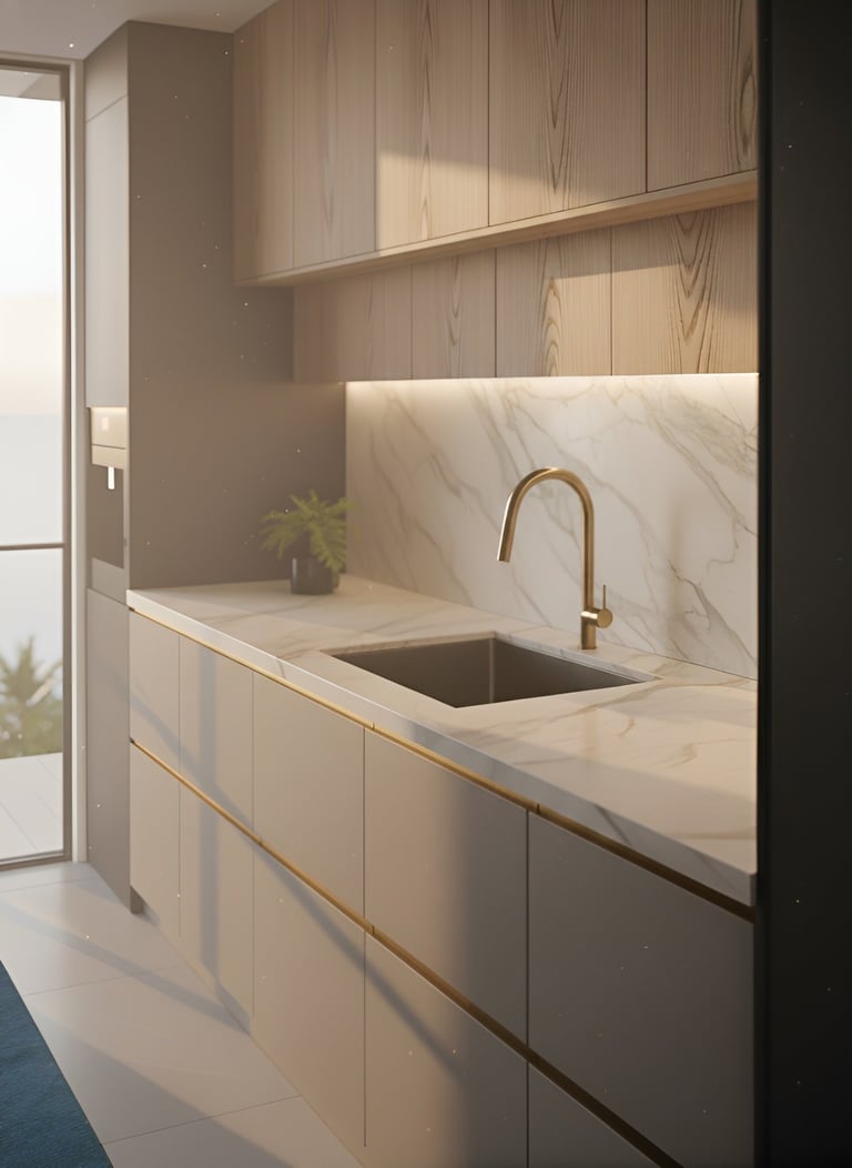 Modern minimalist kitchen with marble countertop, undermount sink, brass faucet, and light wood cabinetry