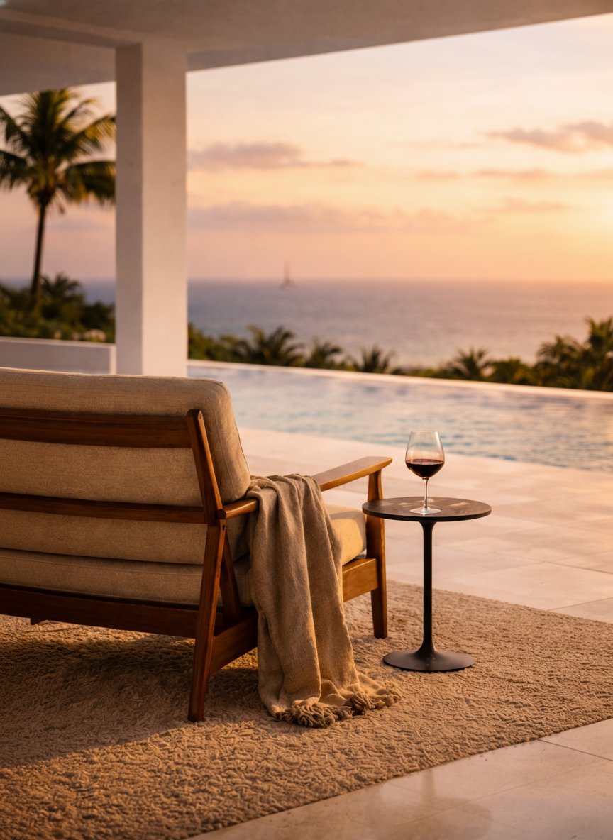 Upholstered lounge chair with throw blanket on oceanfront terrace at sunset, glass of wine on side table