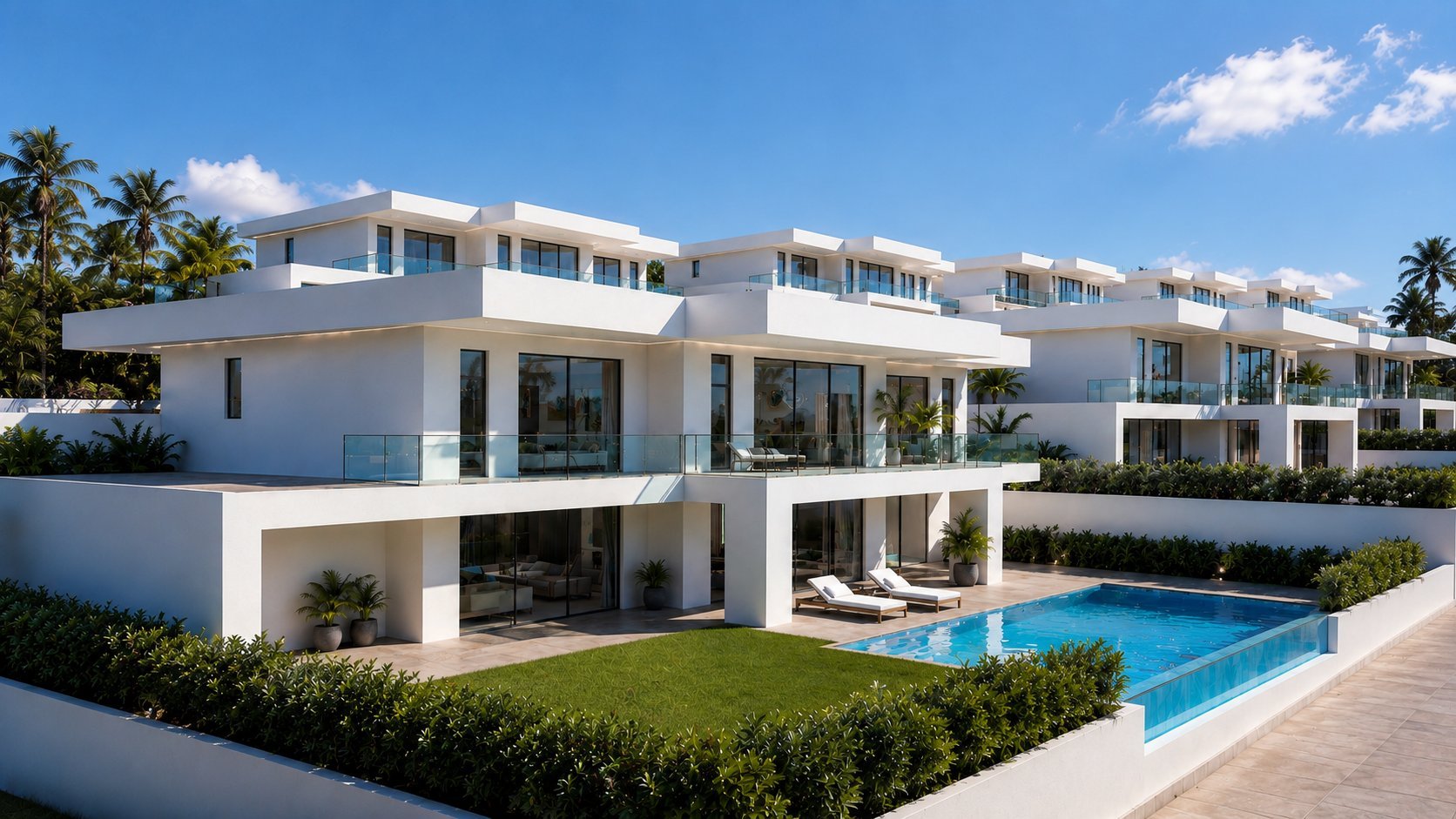Modern white luxury villa with swimming pool, manicured lawn, and palm trees under blue sky
