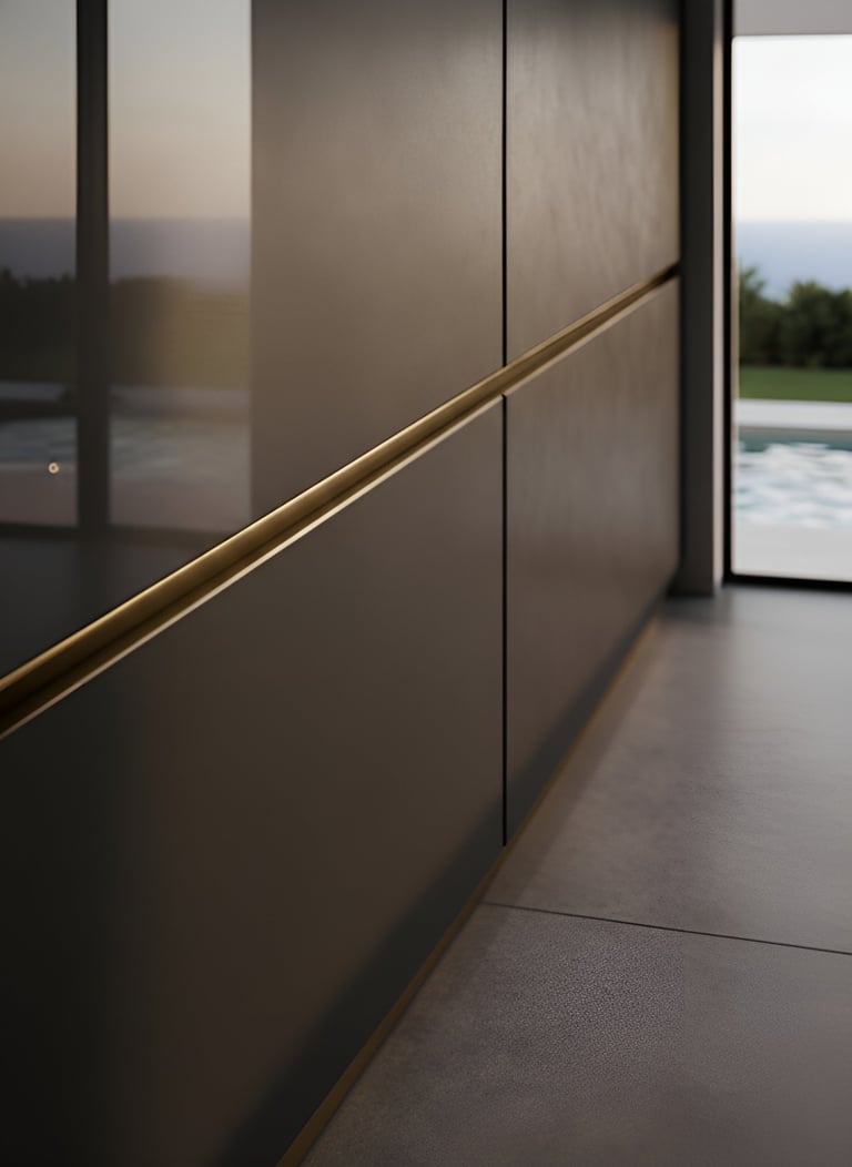 Modern hallway with gold handrail along frosted glass wall and views to outdoor landscape through windows