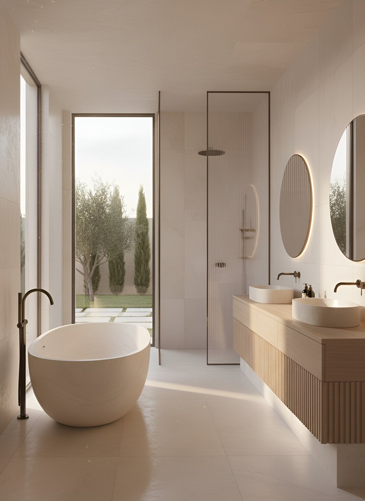 Modern minimalist bathroom with freestanding white round bathtub, dual vessel sinks, oval mirrors, and view of garden through glass doors