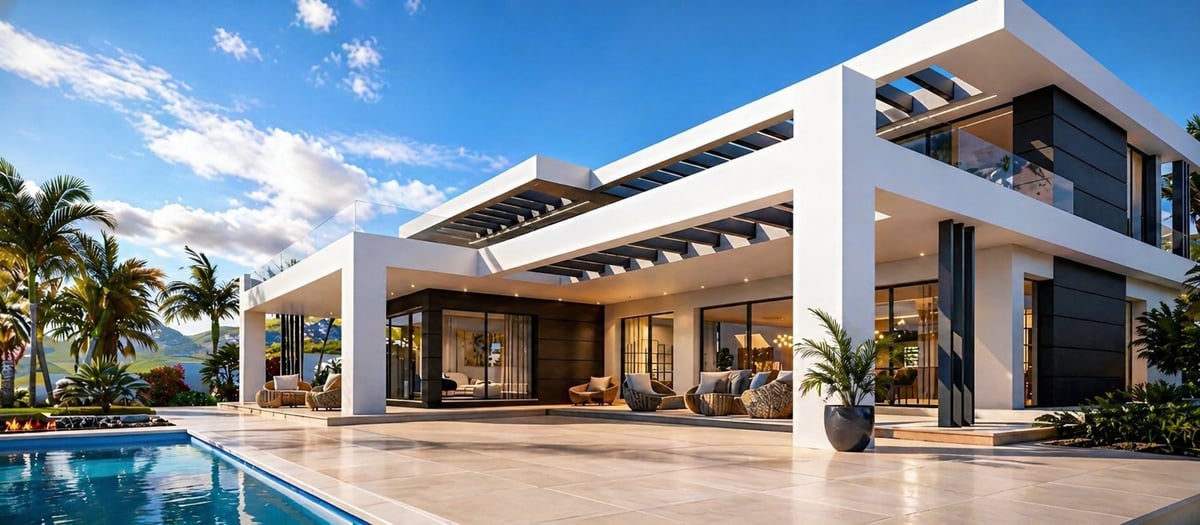 Modern white villa with glass walls, infinity pool, and tropical landscaping under blue sky