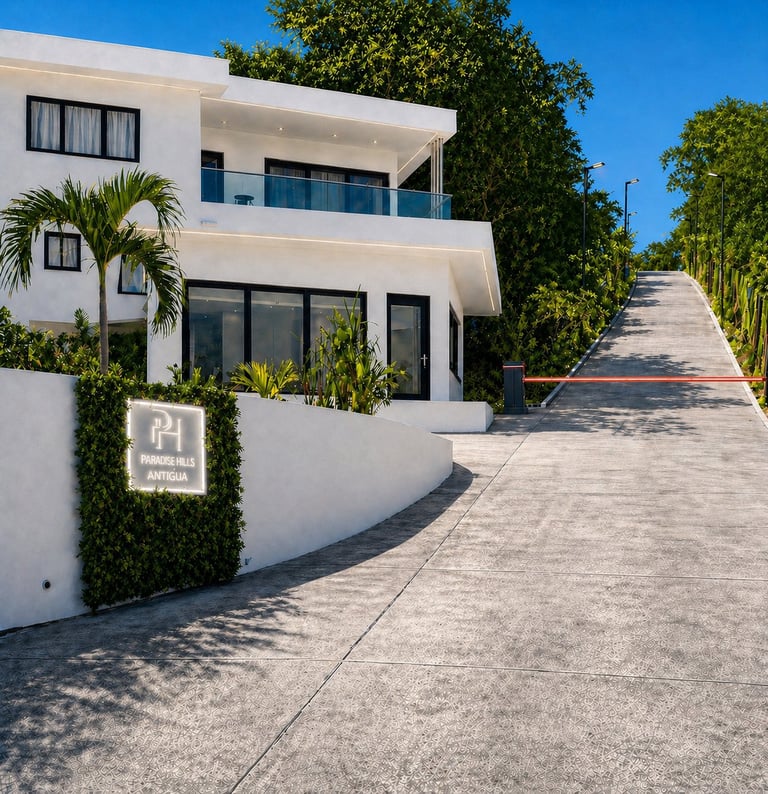 Modern white two-story house with palm trees and ivy-covered walls along a paved driveway on a sunny day