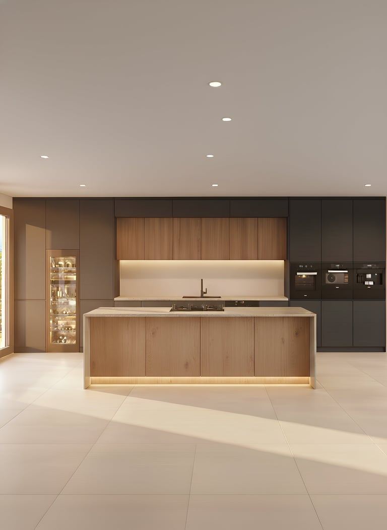 Modern kitchen interior with wooden island, dark cabinetry, and recessed lighting in a minimalist space