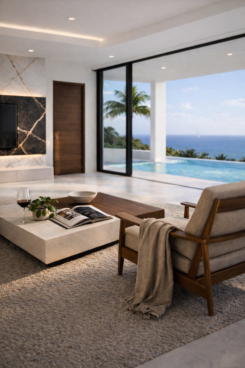 Modern luxury living room with ocean view, featuring a wood armchair, stone coffee table, and floor-to-ceiling windows overlooking an infinity pool and sea