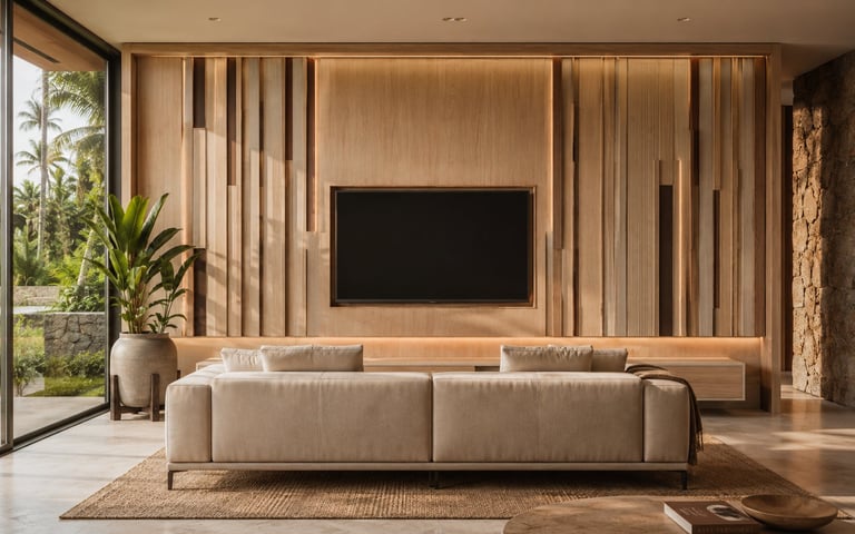 Modern living room with beige sofa facing wall-mounted TV, wooden slat accent wall, glass doors, and potted plants