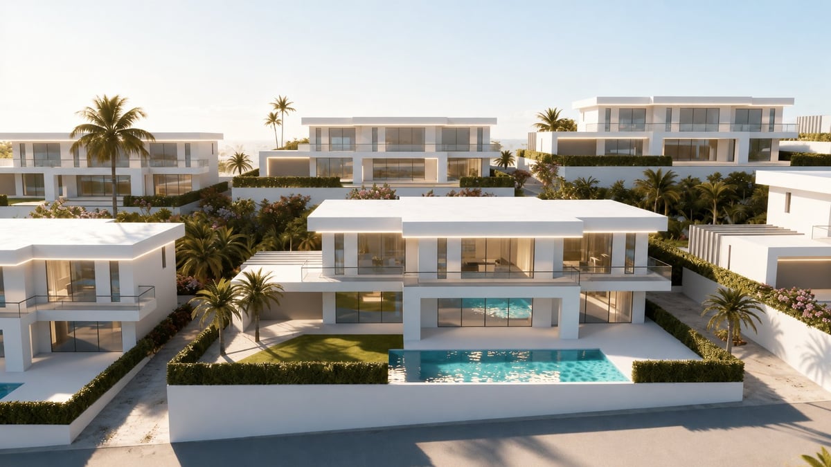 Modern white luxury villa with swimming pool surrounded by palm trees in a residential development