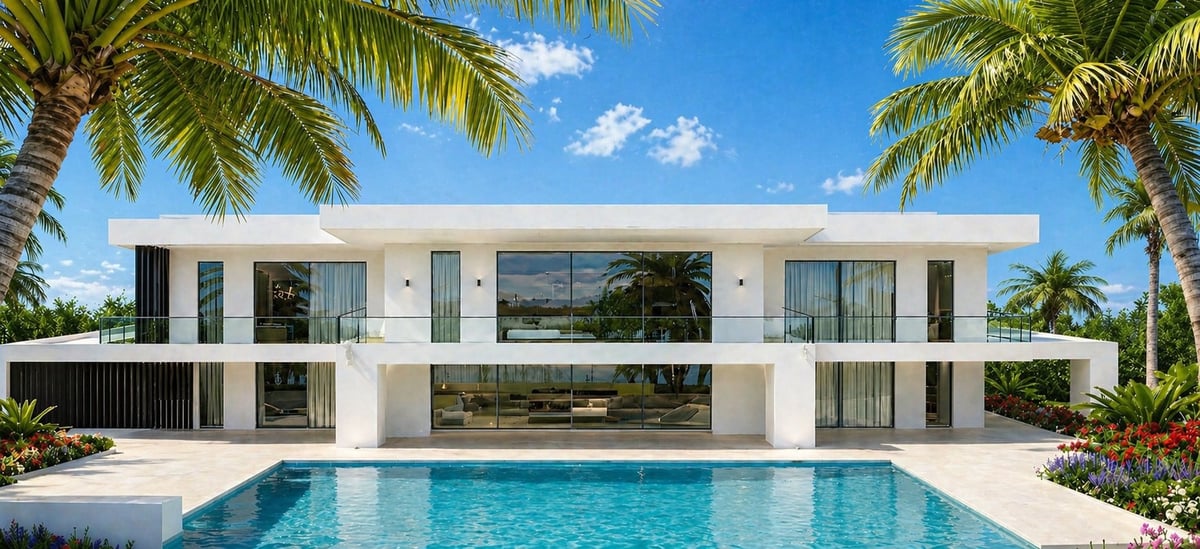 Modern white two-story mansion with large windows and a swimming pool, surrounded by palm trees and tropical landscaping