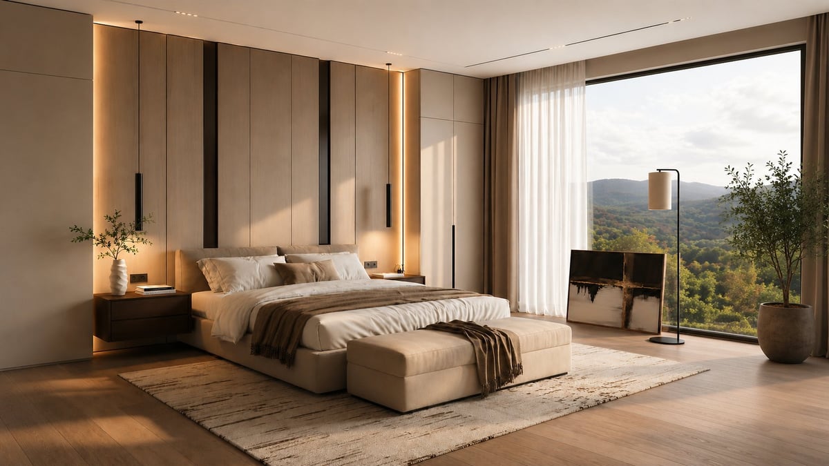 Modern luxury bedroom with a beige bed, wood paneled walls, warm lighting, and panoramic mountain views through floor-to-ceiling windows